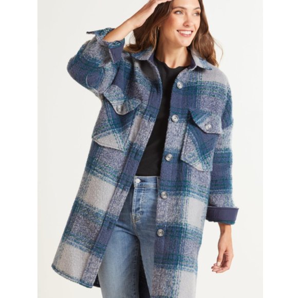 Evereve "Raye" Plaid Shacket (Blue maxi oversized button plaid shirt jacket) - Picture 5 of 9